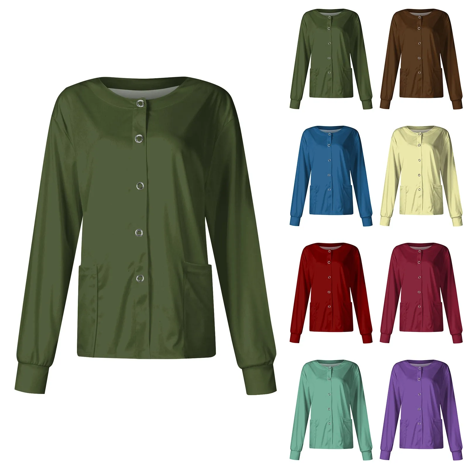 Women Long Sleeve Pocket Working Stand-Up Collar Solid Color Single-Breasted Protective Overalls Cardigan Jacket Top