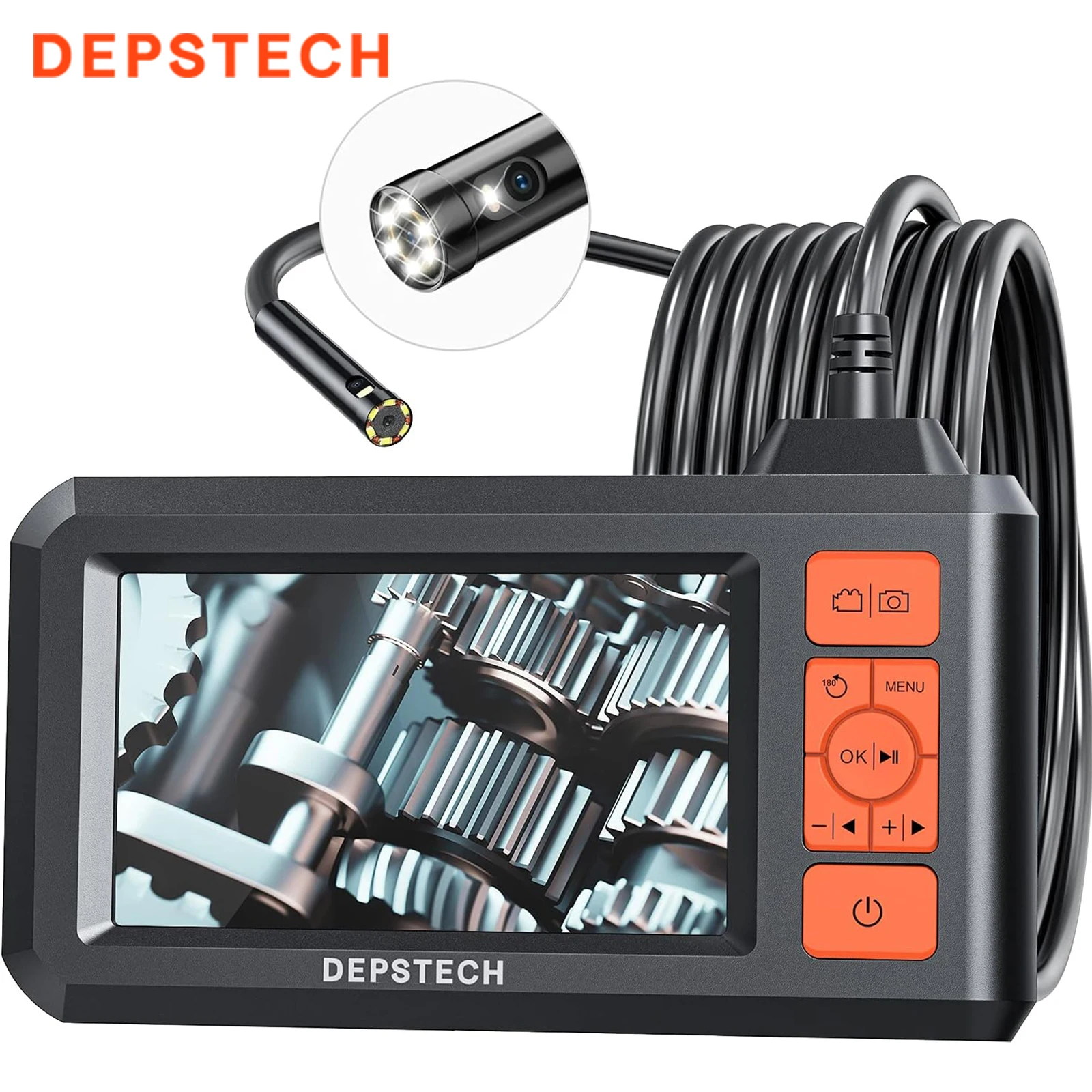 DEPSTECH DS300-DL-5M 1080P Endoscope, 4.3-inch LCD Screen, 7.9mm IP67 Camera, 7 LED Lights, 5 Meters Semi-Rigid Cable, 32GB Card