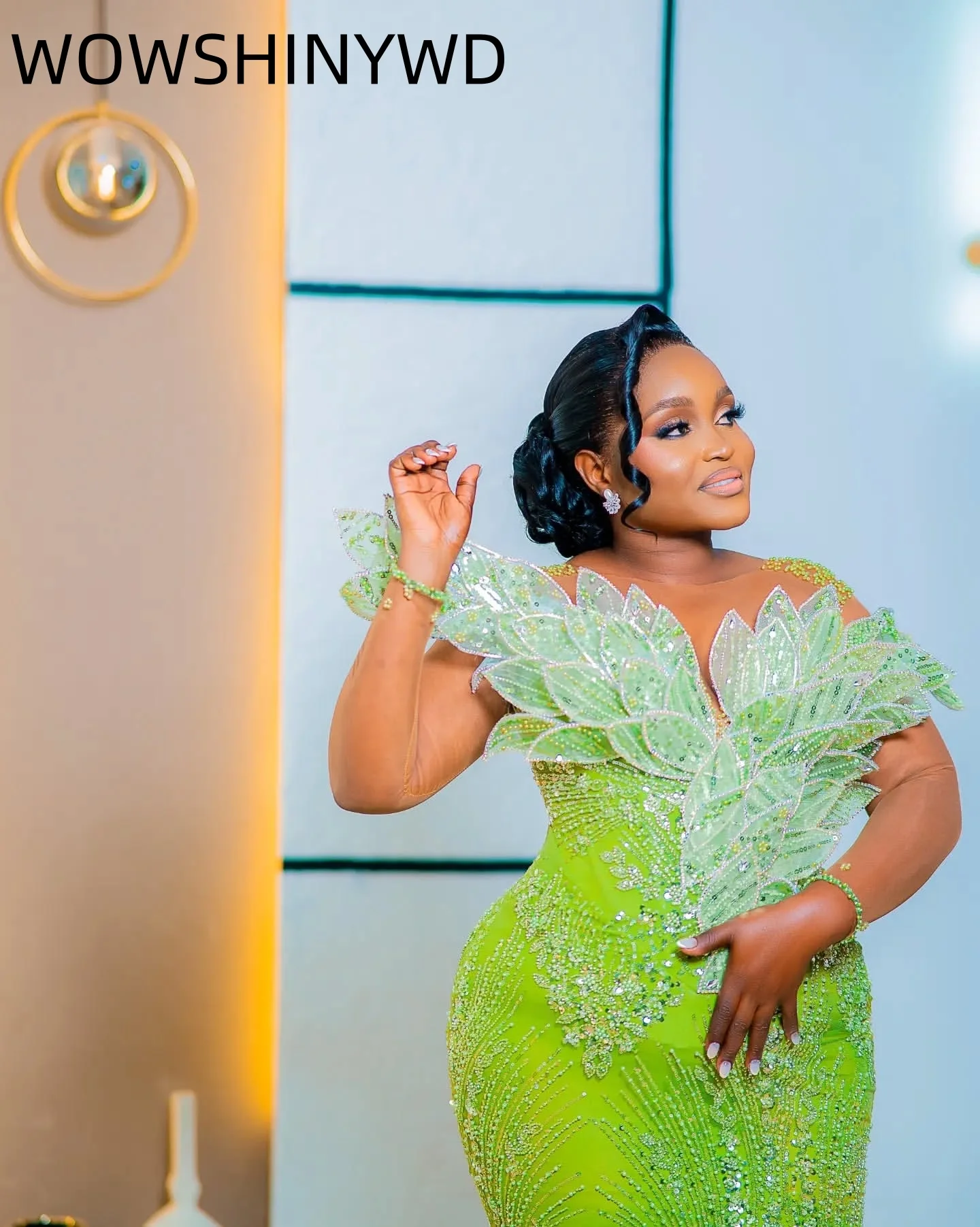 Maßgeschneiderte 2024 Aso Ebi Grüne Meerjungfrau-Abschlussballkleider mit Blumen, Perlen, formelle Party, zweiter Geburtstag, Kleider ZJ120