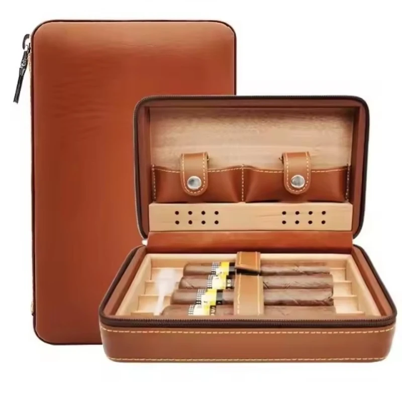

4-Cigar Cedarwood Humidor Kit - Portable Leather Travel Cigar Case with Humidifying Holder, Premium Storage Accessory
