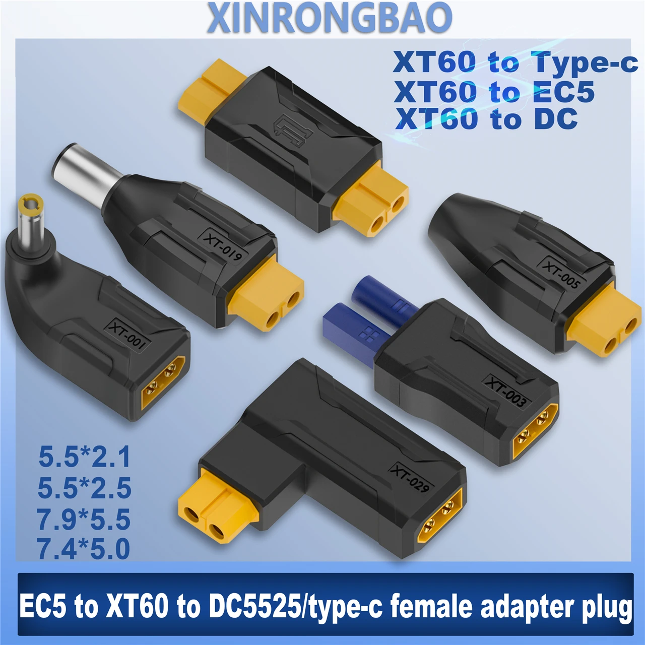 XT60 Male Female to EC5 Female Plug Type-c DC Male Female No Wire Connector Plug Adapter 55*25 5521 7406 7909 to XT60 Connector