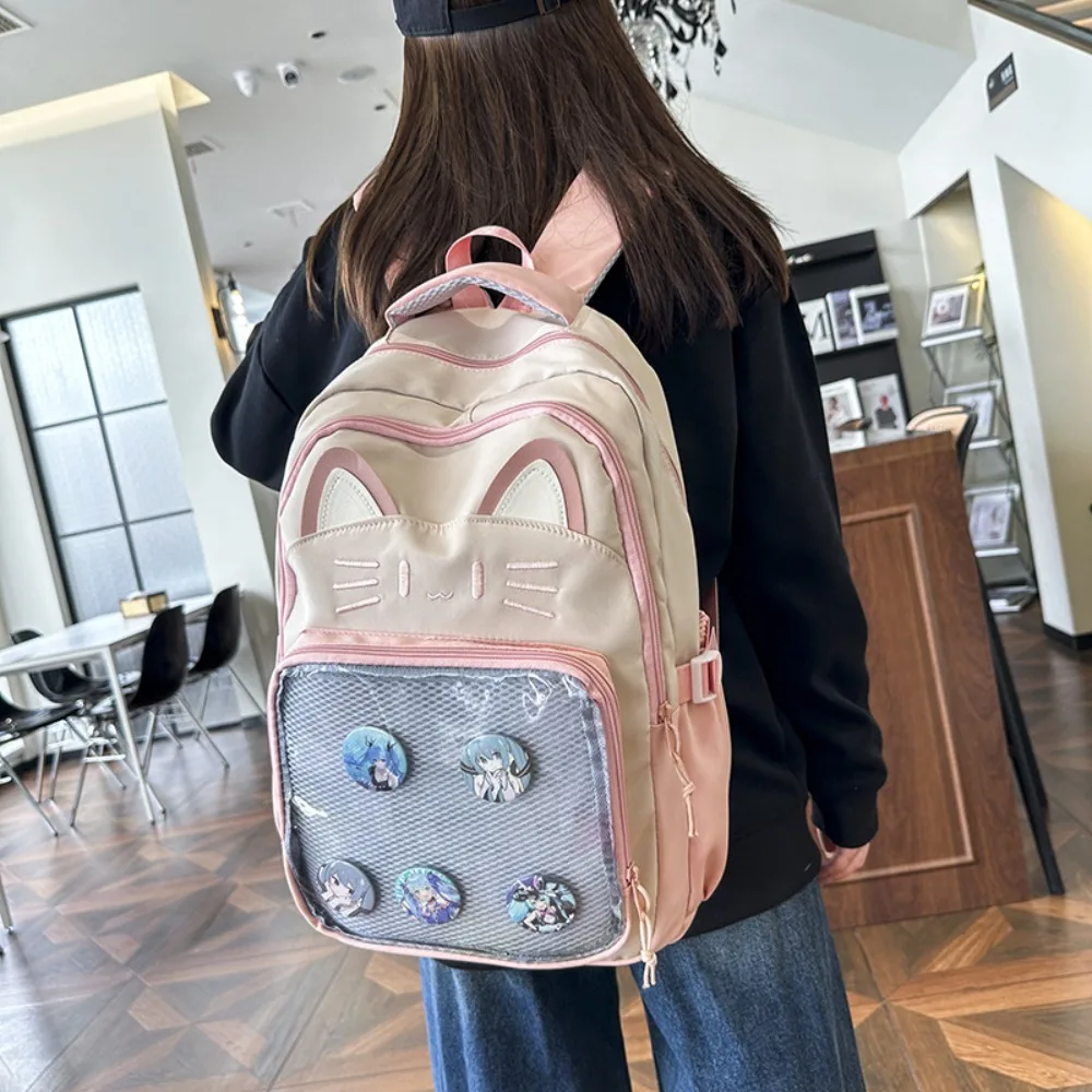 Versatile Embroidery Cartoon Ita Bag Preppy Style Cute Transparent Pocket Itabag Cat Doll Badge Display Student School Bag Girls