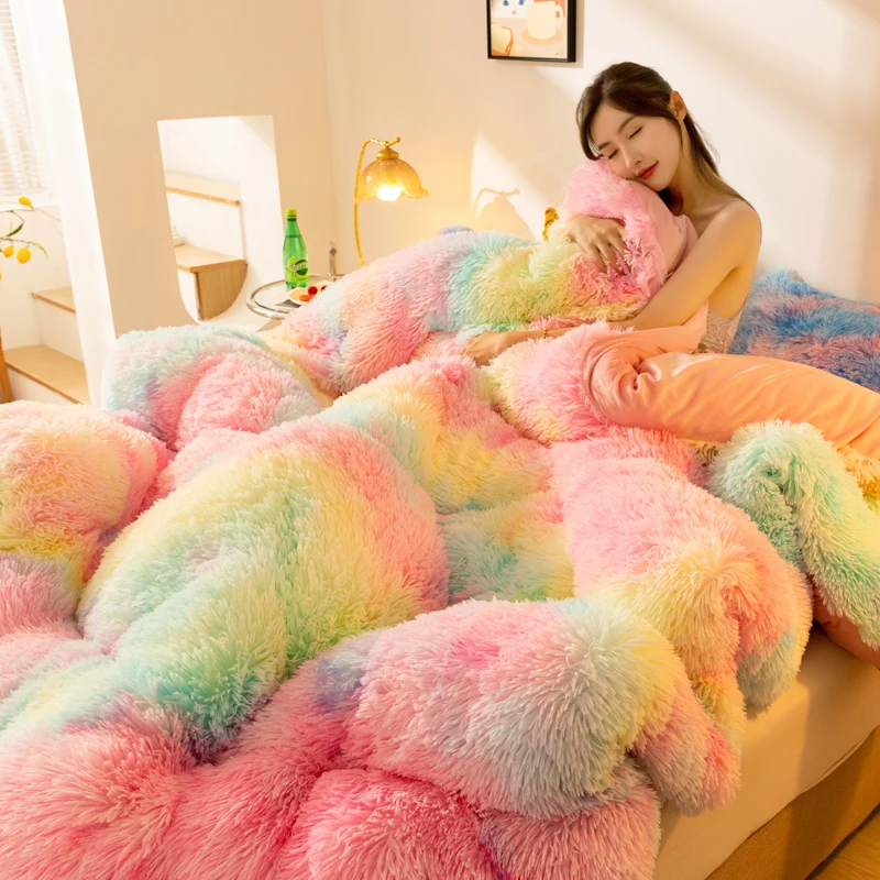 Luxury Heavyweight Mink Velvet Winter Comforter Rainbow Gradient Fluffy Long Plush Blanket Queen Thickened Warm Quilts for Bed