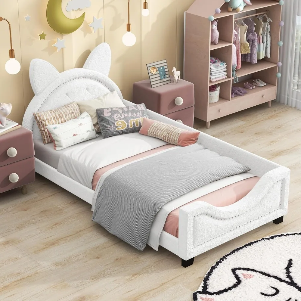 Rangka tempat tidur kembar untuk anak-anak dengan sandaran kepala, rangka tempat tidur Platform lucu bahan kayu dengan telinga karton tanpa kotak pegas yang dibutuhkan