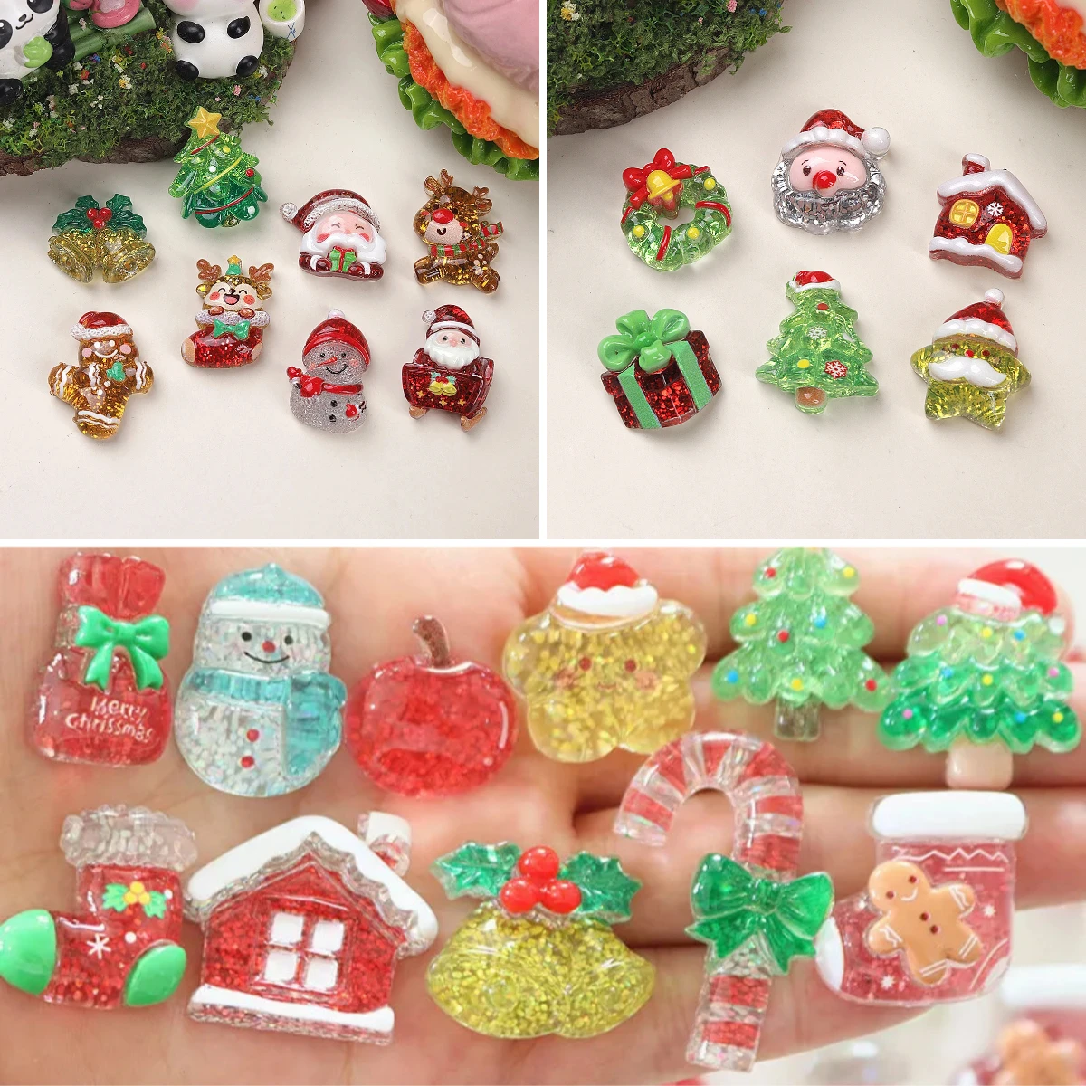 100pcs Kawaii Transparent Glitter Christmas Tree Snowman Sokc Flat Back Resin Cabochon DIY for Shoes Hairband Keychain Scrapbook