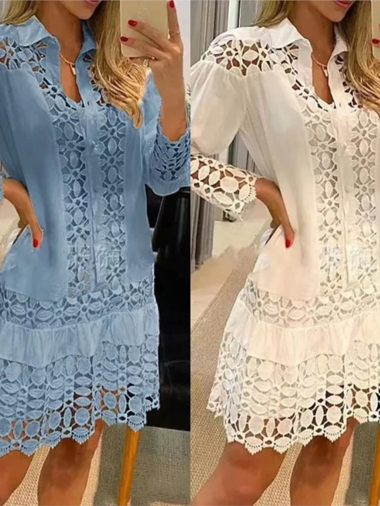 Mulheres rendas costura sexy oco para fora e vestido transparente não forrado elegante escritório primavera casual manga longa camisa branca vestido