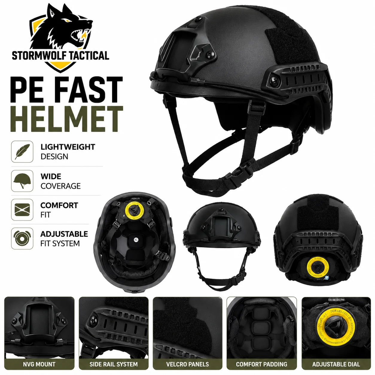 

STORMWOLF FAST PE Tactical Helmet Windy Suspension Liner MOLLE Rail Lightweight Protective Head Gear for Airsoft Paintball
