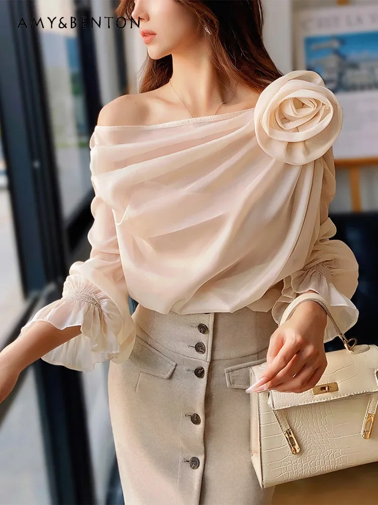 French Temperament Sweet Three-dimensional Flower Pleated Chiffon Shirt Women Autumn New High-end Loose Long-sleeved Blouses