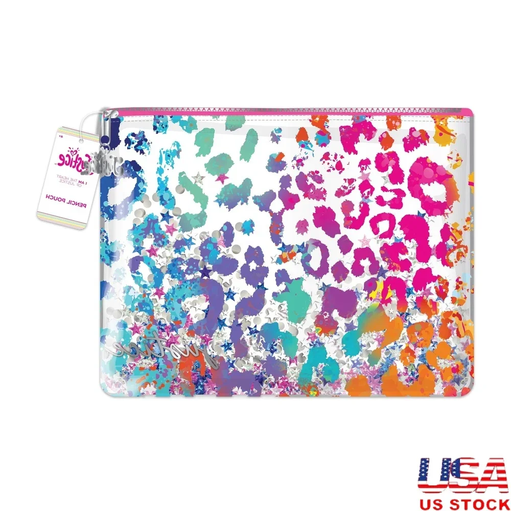 قوس قزح الفهد قلم رصاص الحقيبة متعدد الألوان بريق النثار المحمولة حقيبة مستحضرات التجميل حامل المال واضح المواد البلاستيكية الذين تتراوح أعمارهم بين 4 وما فوق