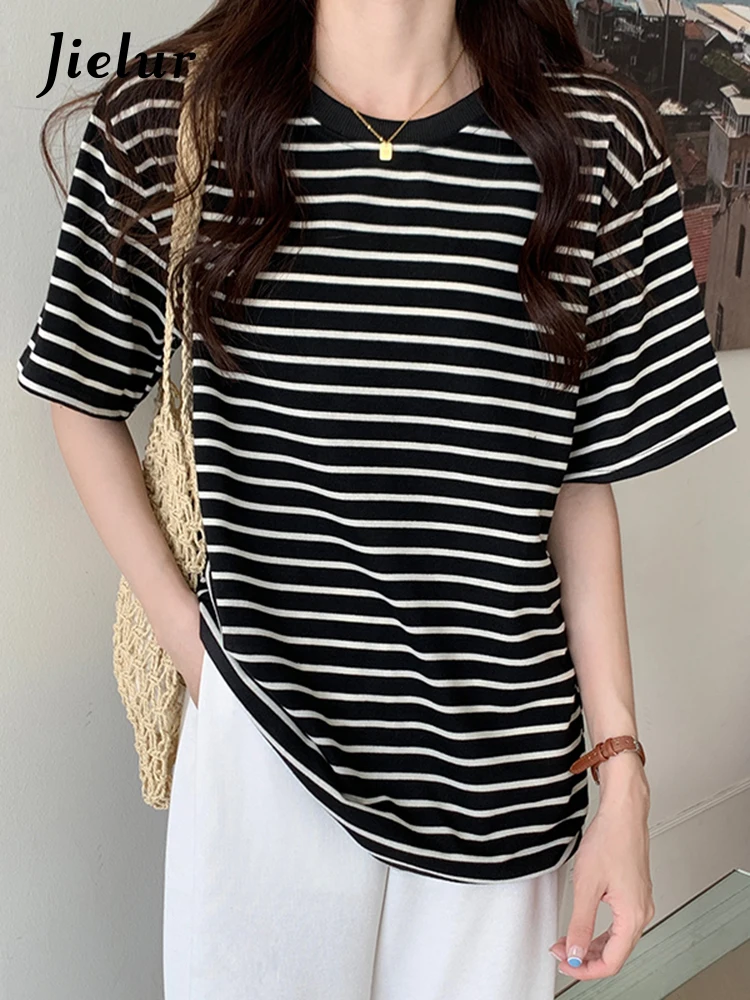 Jielur Yarn-dyed Spell Color Striped T shirt Female Back Patch White Black Tops Short Sleeve Women's T-shirt Loose Basic Tee