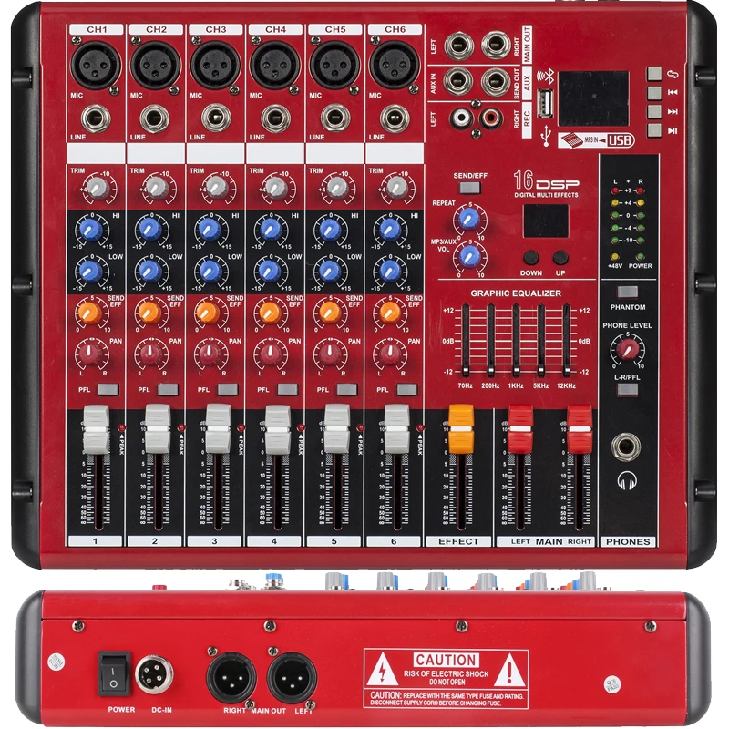 

Best Red 6 Channel Sound Mixing Console Power Mixer Bluetooth 48V Microphone USB Music For Stage Sing DJ Karaoke