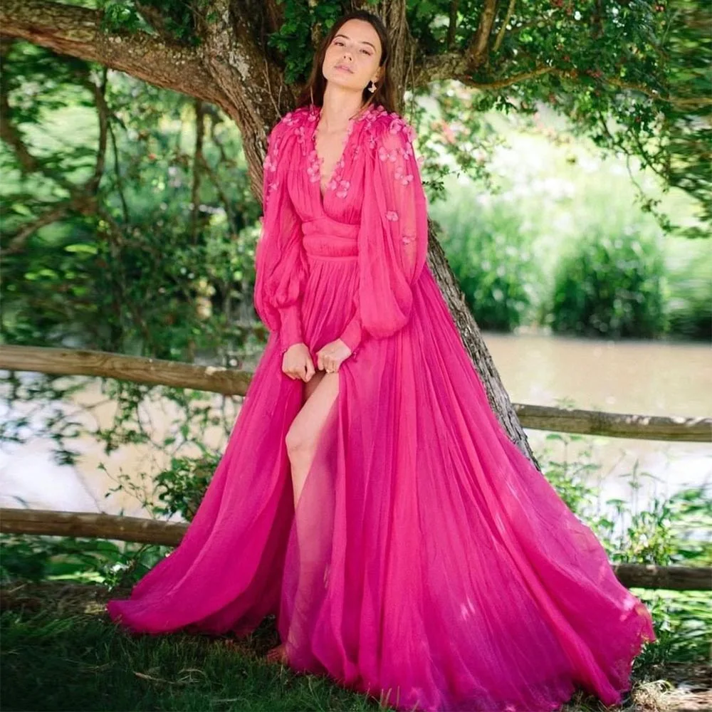 

Fuchsia Long Sleeves Prom Dresses A Line Butterfly V-Neck Evening Gowns Slit Women Formal Wedding Party Dress 2022