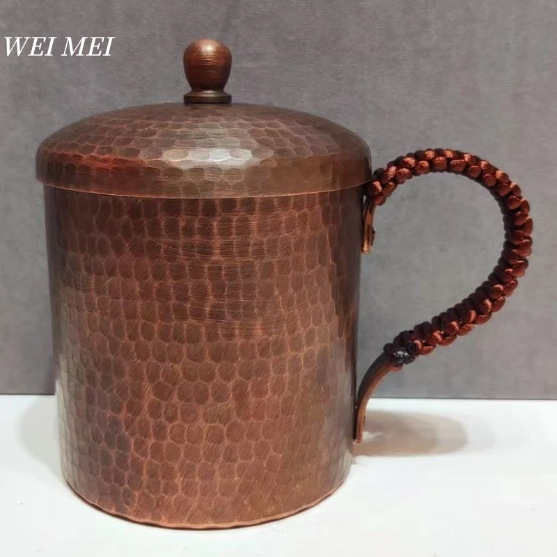 

Vintage Pure Copper Coffee Mug,With lid 550 ml Breakfast Cup,Handcrafted Texture Thickened Woven Handle Home Drinkware Tableware