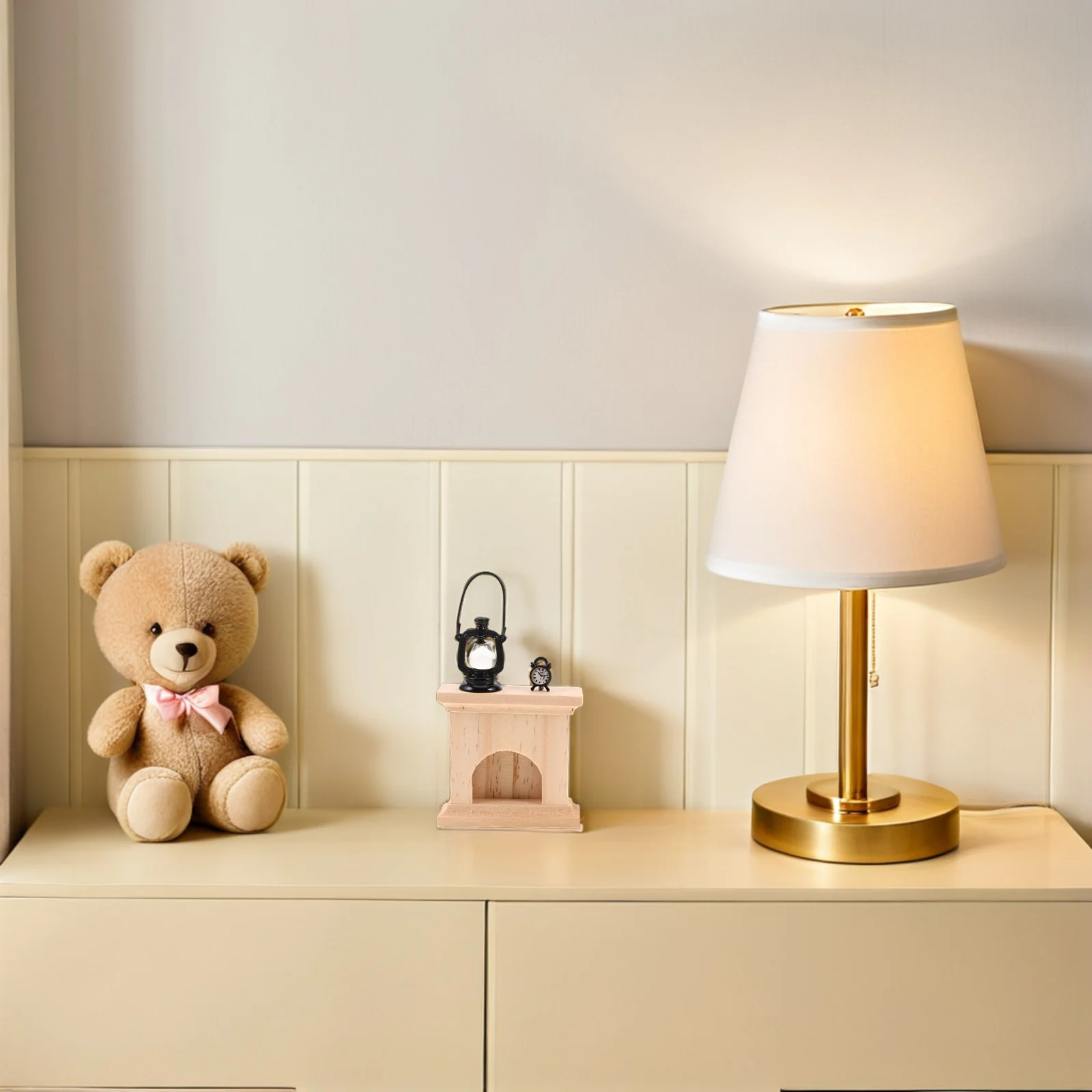 2set Miniature Wooden Fireplace Set With Vintage Lamp Clock Dollhouse Christmas Decor For Micro World Pretend Play