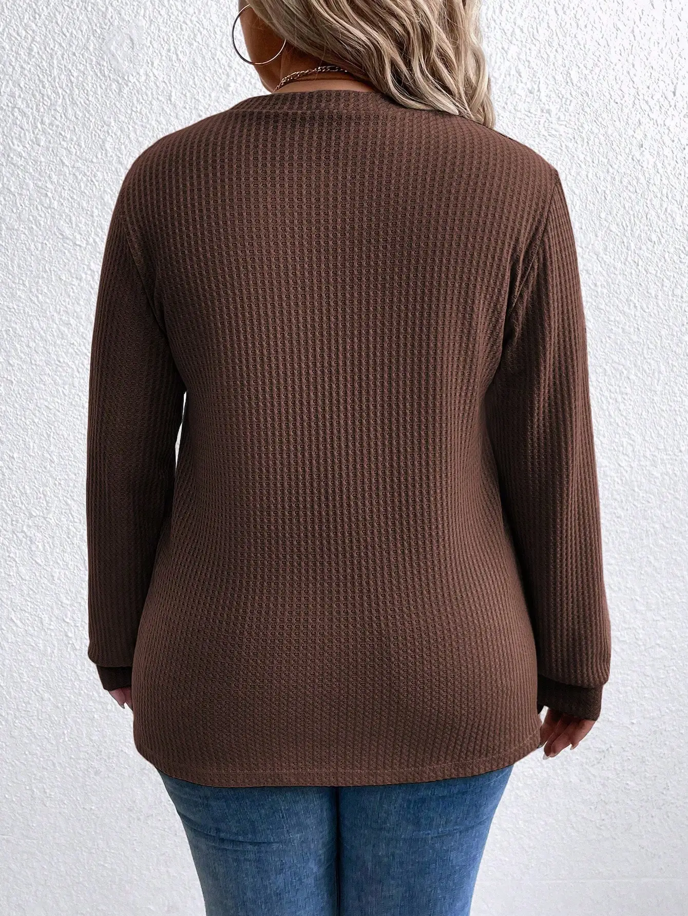 เสื้อสเวตเชิ้ตคอกลมแขนยาวลายดอกไม้สำหรับผู้หญิงไซส์ใหญ่ ผ้าวาฟเฟิลถักแบบลำลอง