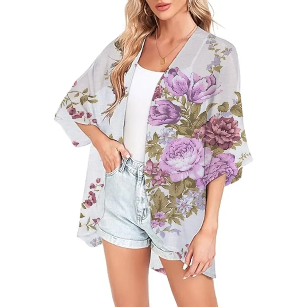 Open Front Tops Tee For Women Floral 3d Print Puff Sleeve Kimono Cardigan Chiffon Cover Up Loose Bohemian  Kimono Beach Swimwear