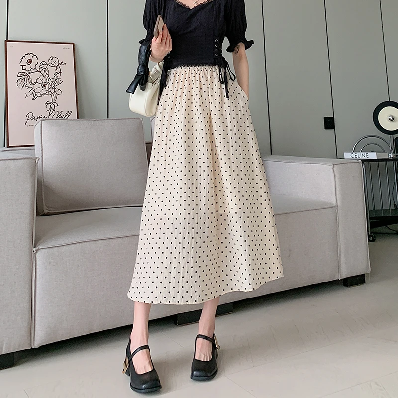 

Real Photos Dot Skirt Women Summer Vintage Chiffon A-line Mid-length Skirt With Pockets Female Korean Style Faldas Mujer