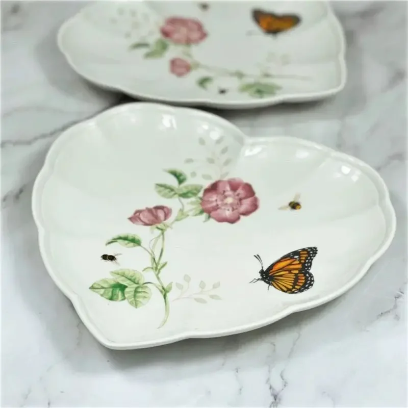 Export Ceramic Butterfly Flower Household Vegetable Plate Dessert Fruit Plate Couple Tableware Heart Shaped Plate