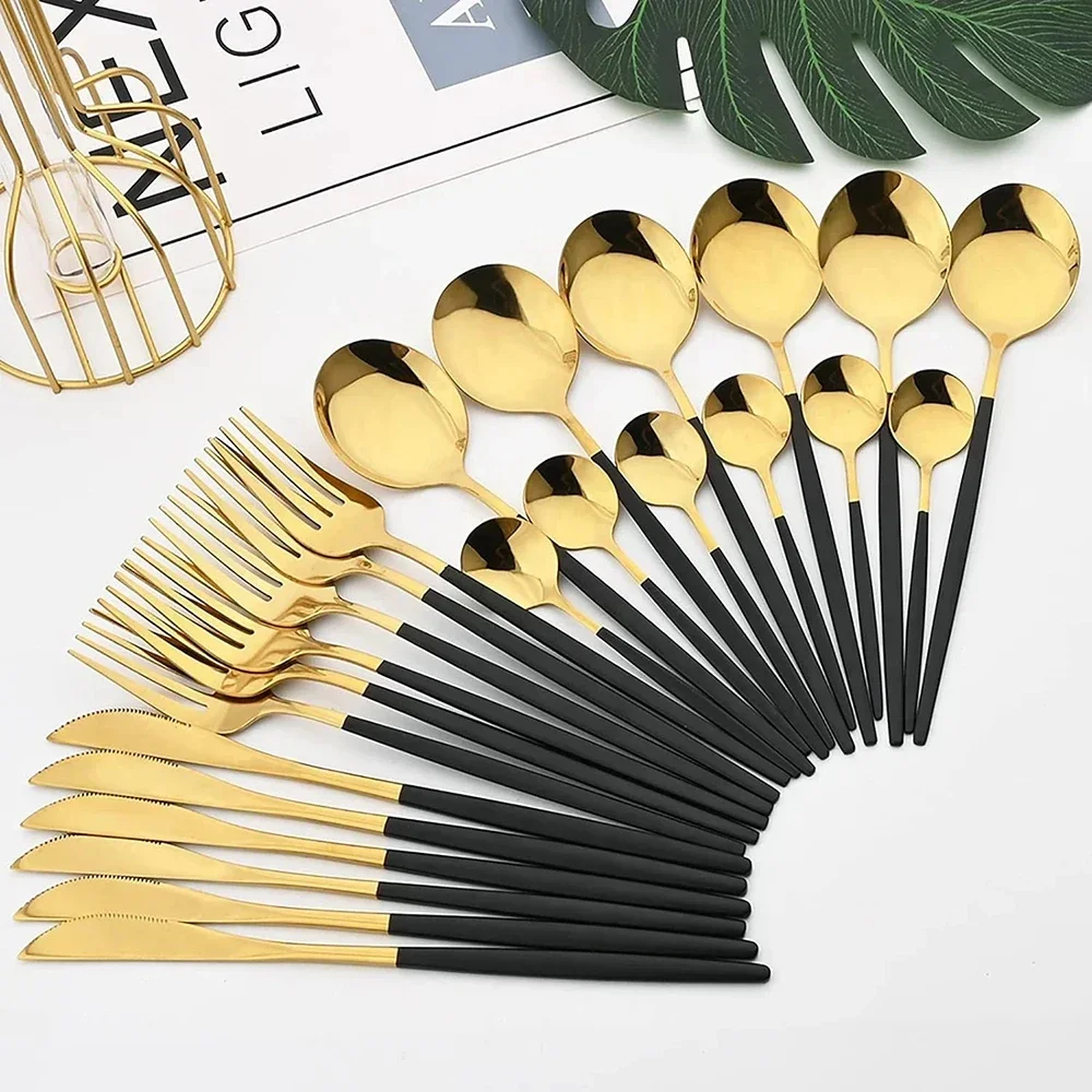 

Stainless Steel Tableware Knives Fork Spoon Set Kitchen Black-Golden Dinnerware Flatware Cutlery Set Utensils 24 Pieces Set