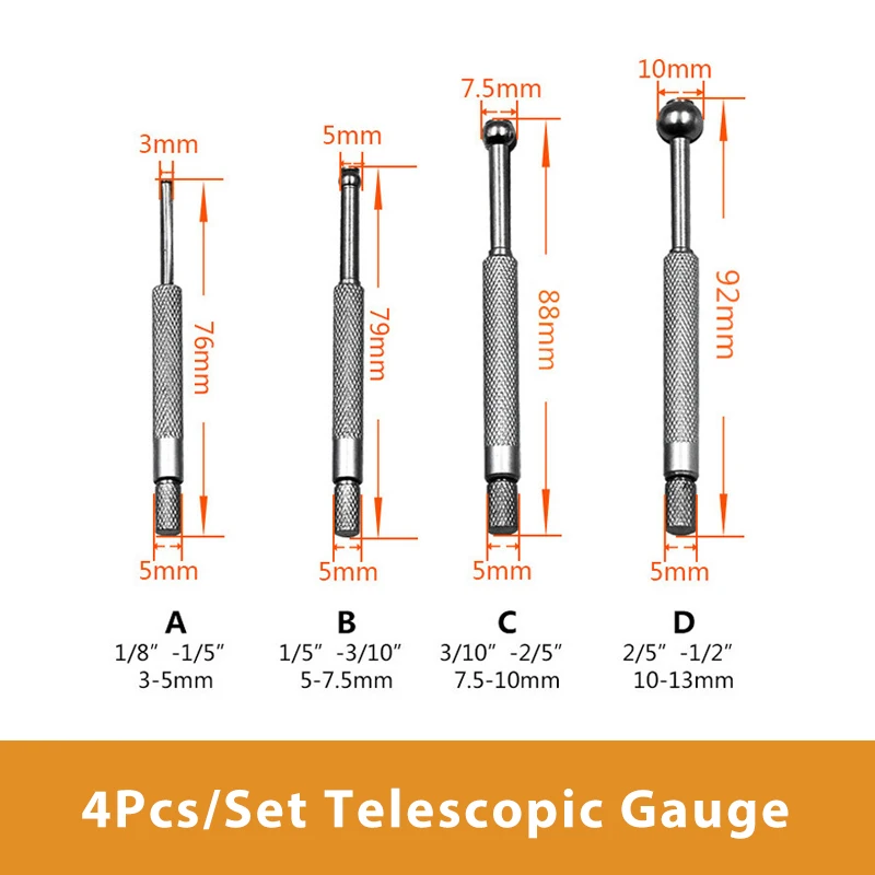 4 Pcs/set Telescopic Small Hole Bore Gauge Set Ball Type Metal Gage 1/8