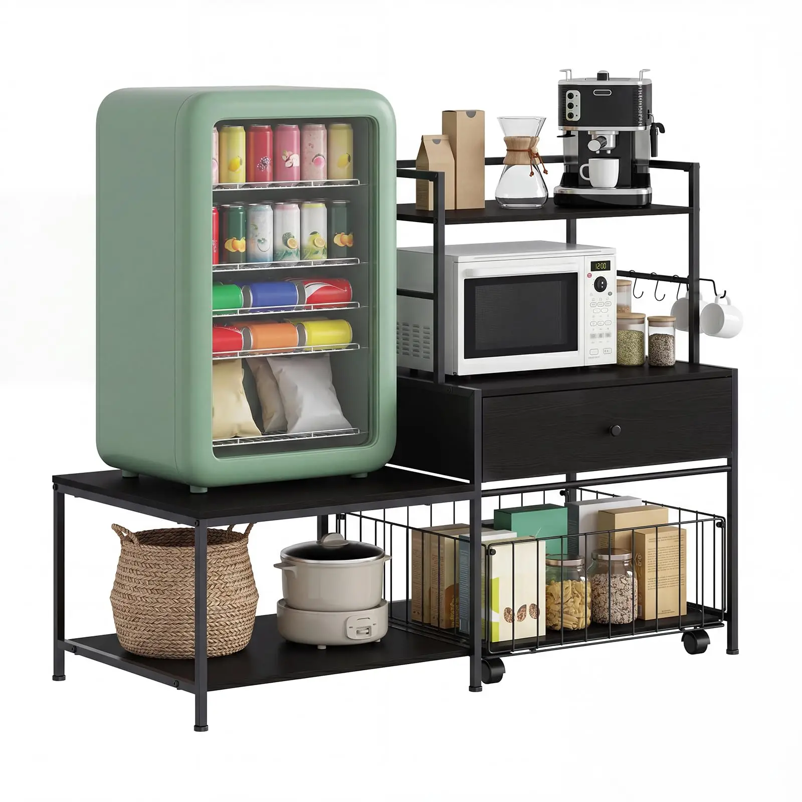 Mini Fridge Stand with Storage & Metal Drawers, Burn Color | 260 lb L-Shaped Utility Bakers Rack with Mini Fridge Space, 5-Tier Sturdy Microwave Stand and Coffee Station for Dorm, Office