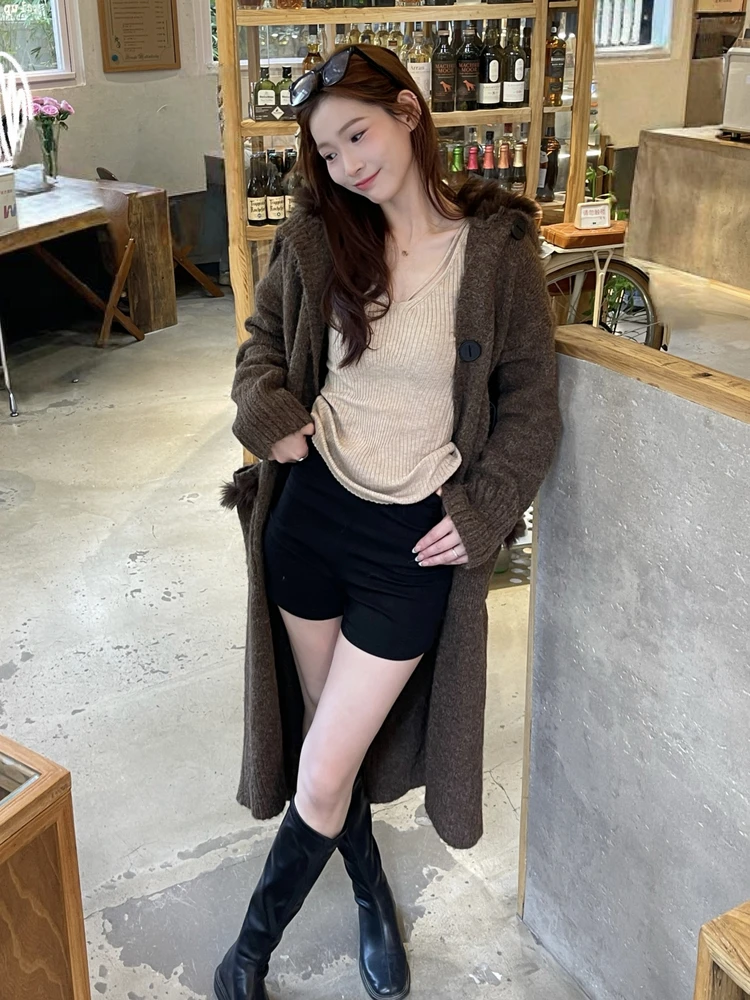 

Свободный вязаный кардиган-пальто до колен с большим меховым воротником, средней длины, на пуговицах, зимняя верхняя одежда для женщин