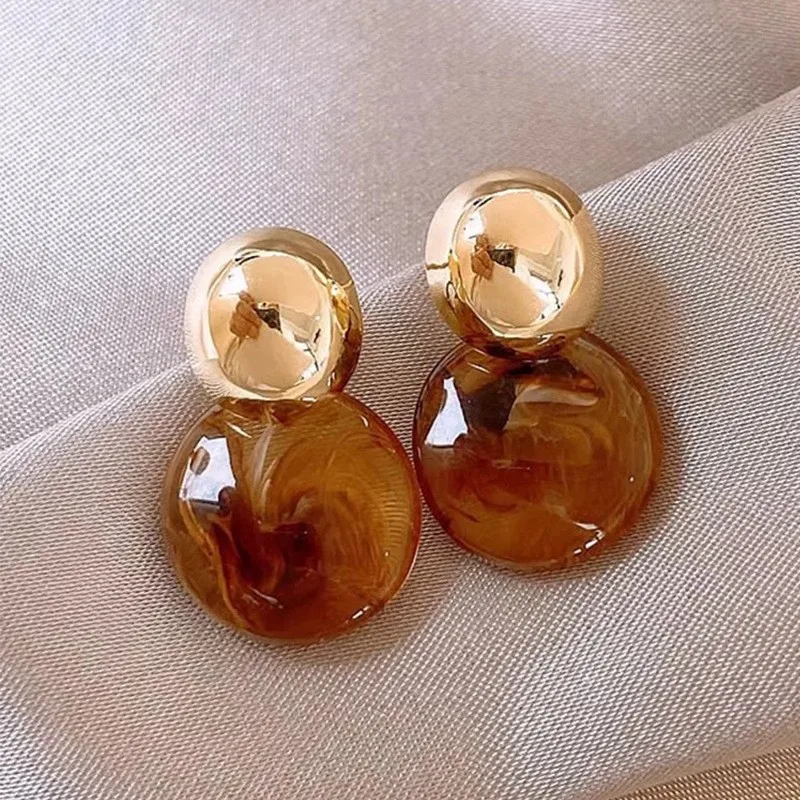 

925 Silver Needle Korean Fashion Gold Color Brown Earrings For Women Jewelry 2025 Trending New Vintage Women's Amber Earrings