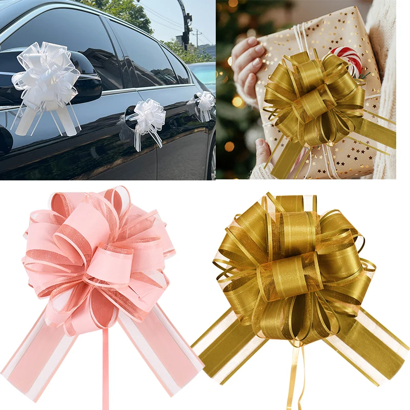 Wedding Pull Bow Ribbons Flower Car Decor Big White Gold Ribbon Bow Flower Gifts Packing Christmas Wedding Birthday Decoration