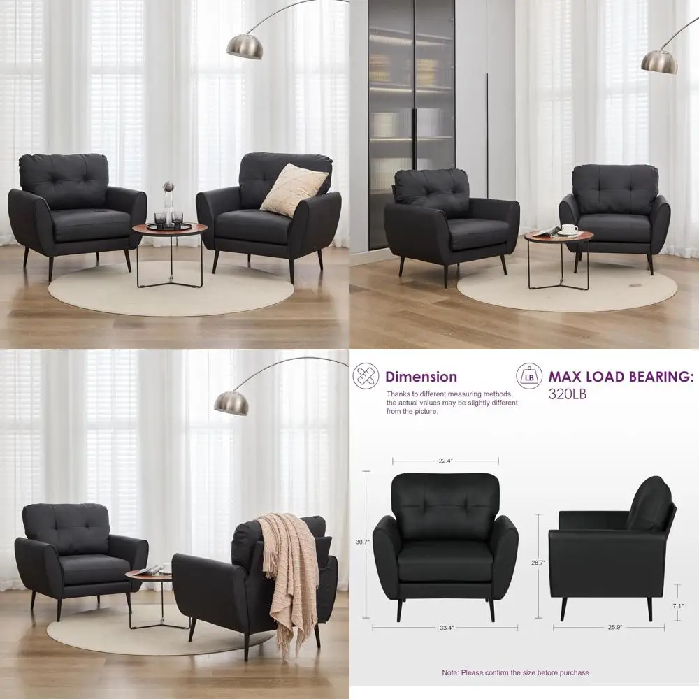 

Pair of Modern Comfortable Leather Accent Chairs, Black for Living Room, Mid-Century Style with Tufted Back