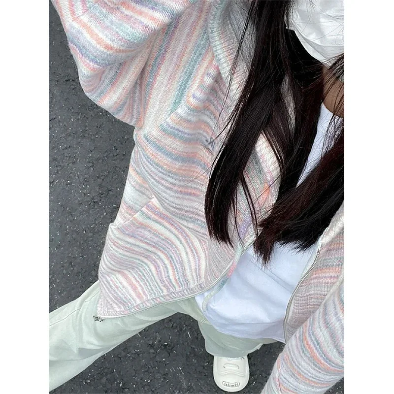 Y2K Striped Knitted Cardigan Women Oversized Hooded Sweater Coat Streetwear Korean Zipper Knitwear Harajuku Sweet Casual Jumper