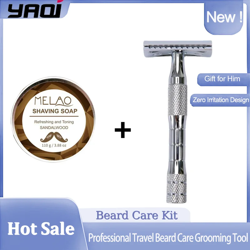 YAQI كروم اللون مقبض من الفولاذ المقاوم للصدأ 3 قطعة ماكينة حلاقة آمنة للرجال واللحية طقم صابون احترافي للعناية باللحية أداة تهذيب اللحية