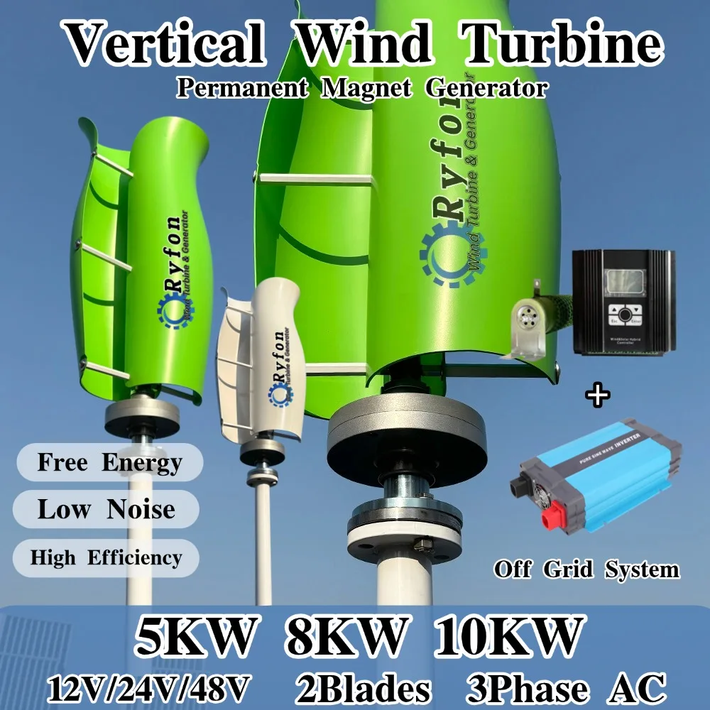 Aerogenerador vertical de 2 aspas, 5000W, 8000W, 10KW, 24V, 48V, generador de imán permanente trifásico CA con controlador híbrido para casa y embarcaciones