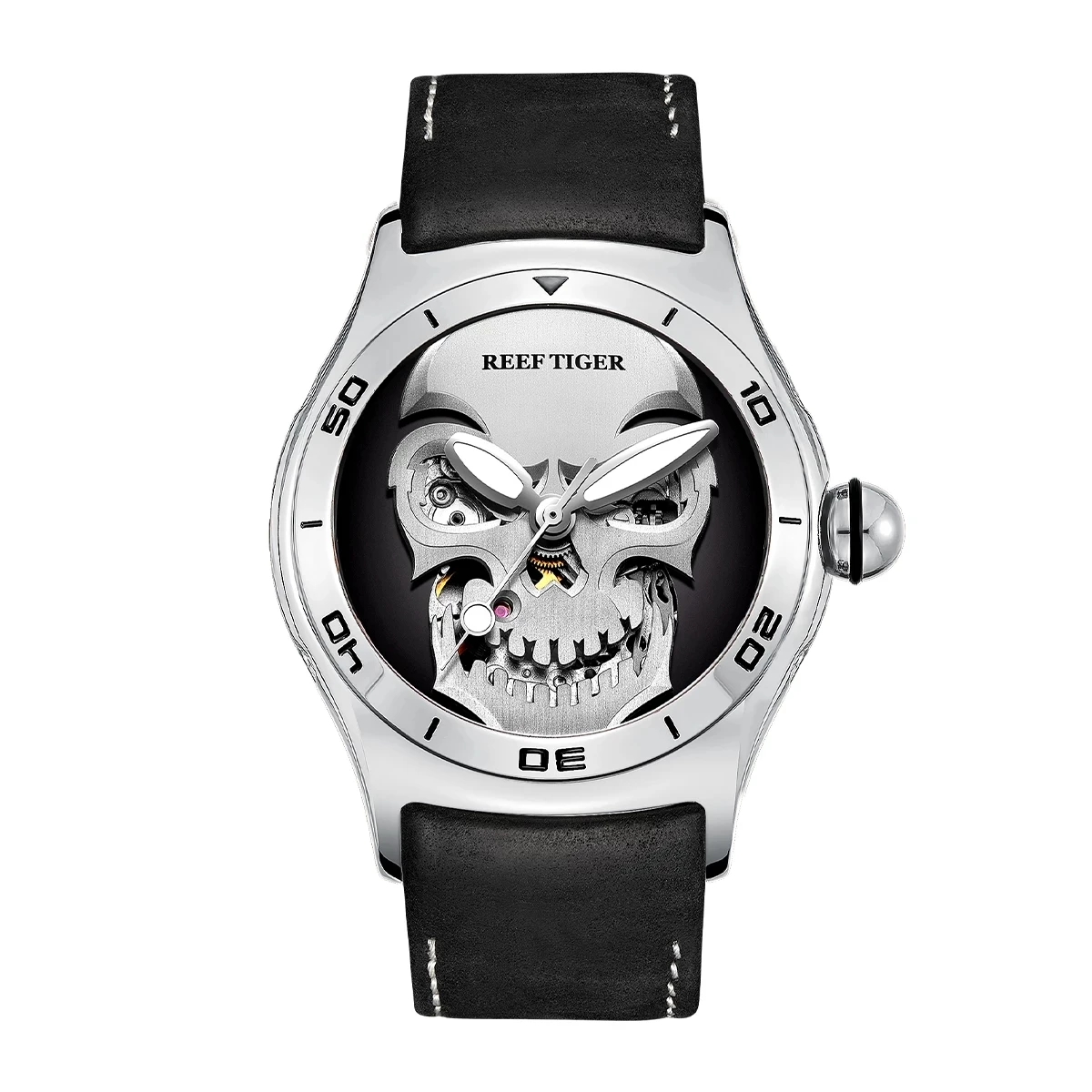 

Reef Tiger Men Automatic Watch 44mm Mechanical Wristwatch Luminous Skull Dial Bubble Sapphire Mirror