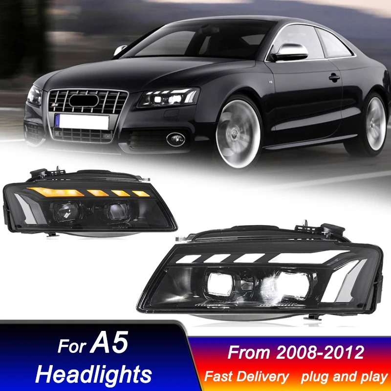 

Стильные фары для Audi A5 RS5 2008-2012, новый дизайн, полностью светодиодные DRL, динамические указатели поворота, биксеноновые линзы, комплект фар в сборе.