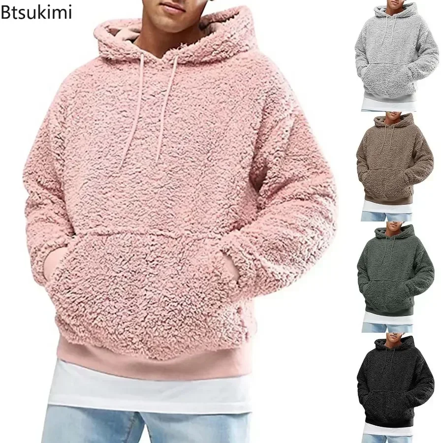 2024 Men\'s Thick Warm Fluffy Hoodie Pullover Fleece Sweatshirt Tops Autumn Winter Casual Hooded Solid Hoodies Coat Jumper Male