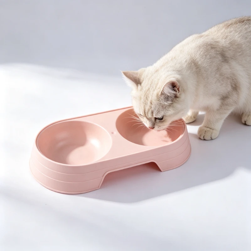 Plastic Double Pet Bowl Elevated Integrated Food Water Feeder Bowl for Cats Daily Eating Drinking Supplies