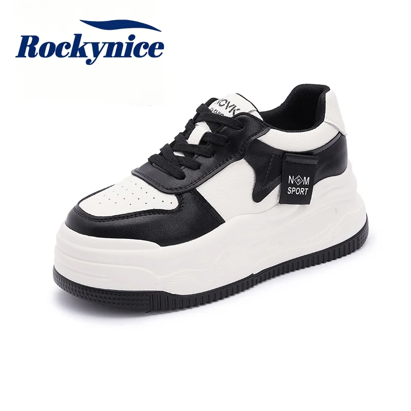 8.5CM Genuine Leather White Shoes Autumn Women Casual Sports Shoes Vulcanize Chunky Sneakers Breathable Hidden Heels Dad Shoes