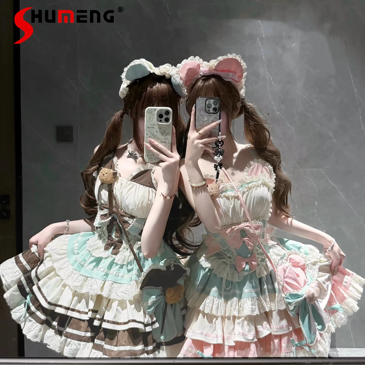 

Sweet Cute Girl Christmas Lolita Puff Dress Sleeveless 3D Bow Small Bag High Waist Lace-up Slim Mini Cake JSK Dress for Women