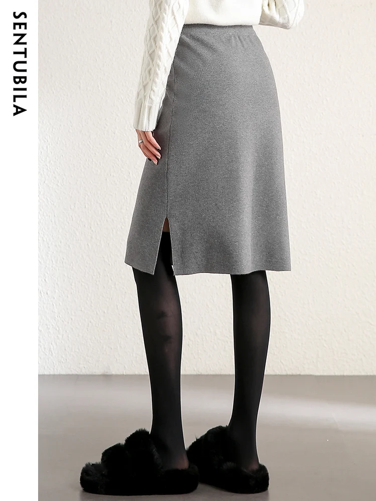 SENTUBILA Gray Hip Skirt Women Elastic Waist Fashion 2024 Autumn Winter Female Slit Midi Knitted Solid Skirts Woman W14Q38504