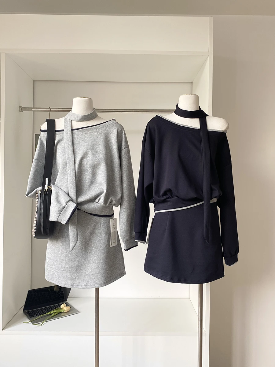 

Spring 2025 Early Korean Style Lazy Neck Scarf Hoodie Women Slim Fit Bodycon Skirt Two Piece Set Fashionable Women's Ensemble