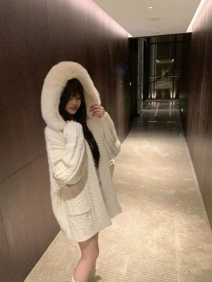 

Белый вязаный кардиган-пальто женский свободного кроя с меховым воротником, повседневный, модный, осенне-зимний, теплый, утолщенный, средней длины