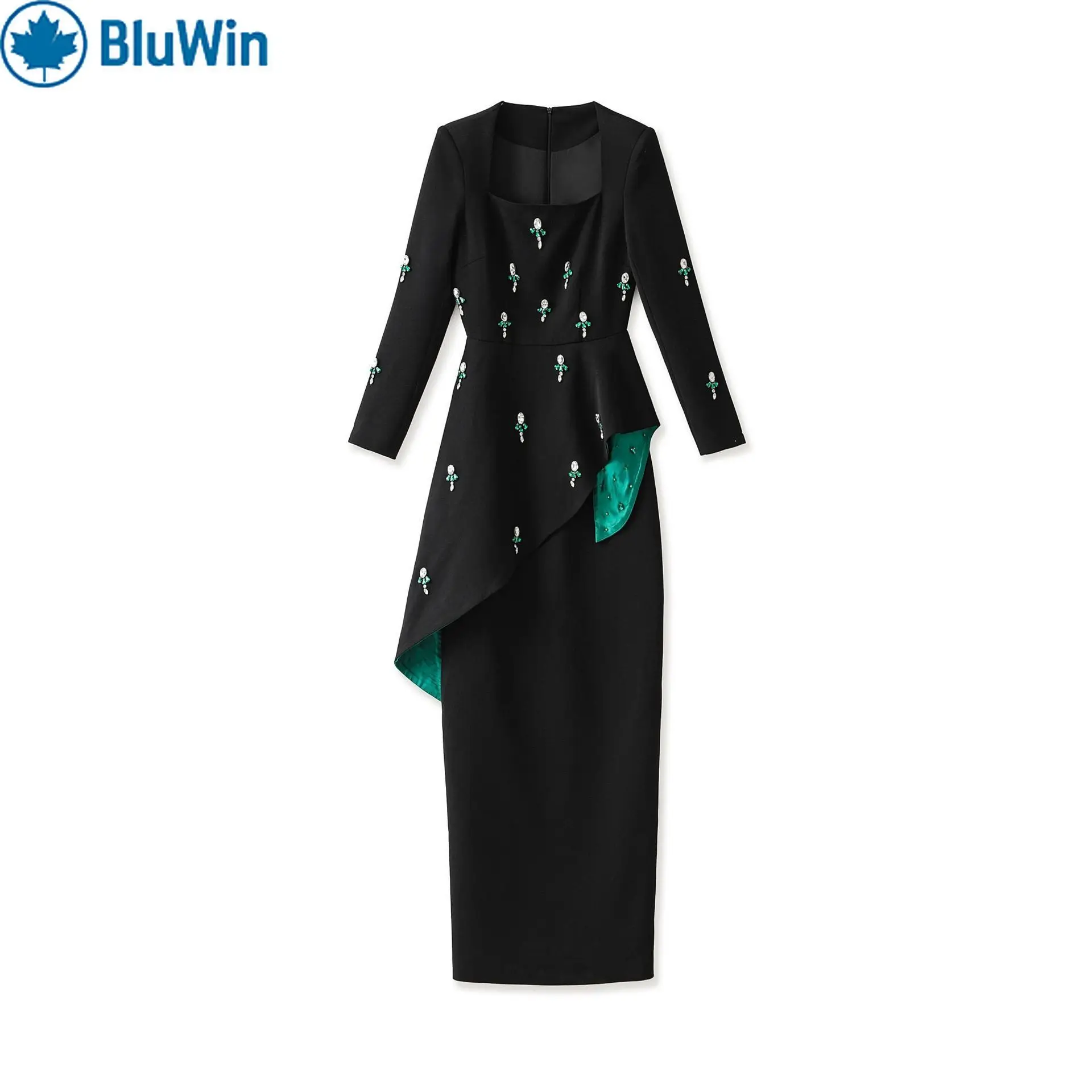

BluWin Elegant Embellished Maxi Dress Women Long Sleeve Square Neck Side Drape Peplum Black Slim Fit Evening Party