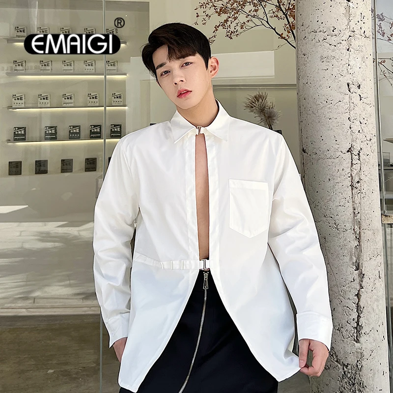 Men Adjustable Metal Button Long Sleeve Loose Casual Shirt Japan Korean Streetwear Chic Fashion Show Shirts Male Stage Clothing