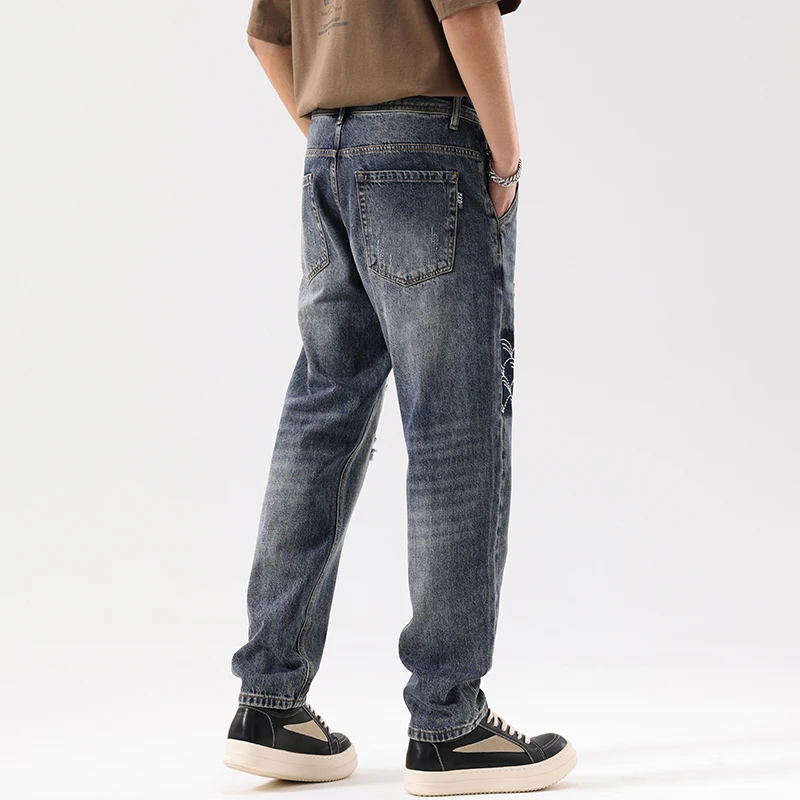Men's Jeans Embroidery Trousers Vintage Ripped Man Cowboy Pants Broken Harem Torn with Holes Washed Baggy Loose Stylish Soft