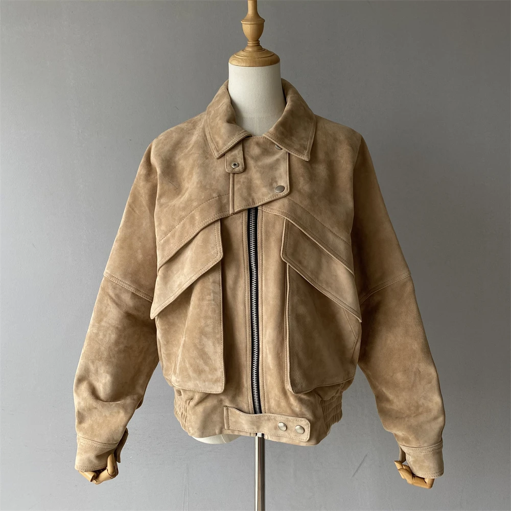Jaxmonoy jaqueta de couro de camurça real para mulheres 2025 outono nova chegada casaco de pele de carneiro oversized senhora moda jaquetas de couro genuíno
