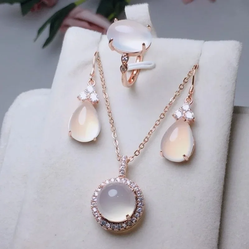 

Natural High-ice White Chalcedony Set, Exquisite, Fashionable and Atmospheric Three-piece Jewelry