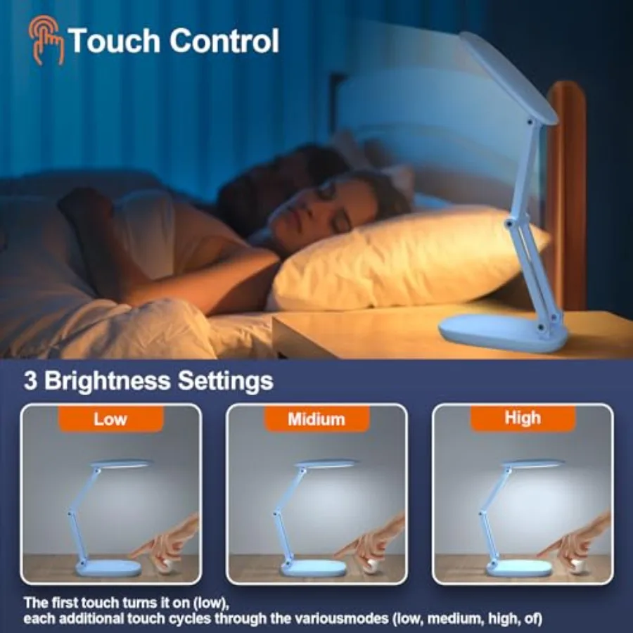 LED Desk Lamp for Office and Home, Battery Operated, Foldable and Portable Light, 2-Fold Bracket, 3 Brightness Dimmable, Wirele