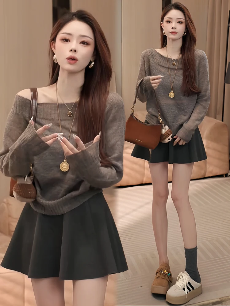 

Модный корейский женский наряд, осень 2024, модный топ с дизайном и юбкой, комплект из двух предметов, повседневный свободный крой