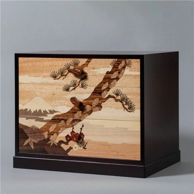 Solid wood inlaid Japanese retro, three-layer drawer type, storage and organization