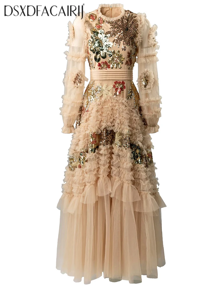 DSFACAIRIJ femmes paillettes fleur broderie Maxi robe col rond lanterne manches volants élégant robe de bal maille automne femme